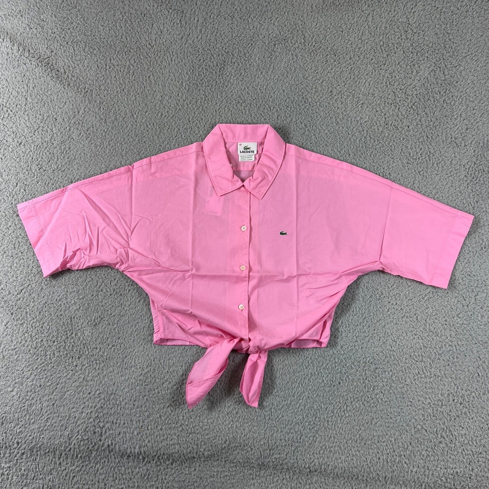 Lacoste Tie Front Shirt Women US Size M (EU/8) Pink Cotton Cropped Button Up NWT
